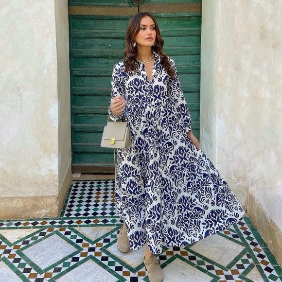 Zara Dresses & Skirts - Zara Ivory & Navy Blue Floral Damask Print The Sunny Cotton Maxi Dress